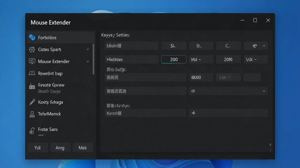 一张展示 Mouse Extender 软件主界面的高清截图,界面左侧为功能列表,右侧为按键设置区域,整体采用现代简约的深色主题,背景为干净的渐变蓝色,布局清晰,文字标签显示“Mouse Extender”,画质细腻,干净无多余元素