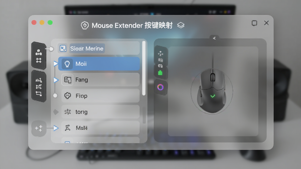 展示 Mouse Extender 按键映射设置界面的示意图,主体为鼠标侧键配置窗口,背景为半透明毛玻璃效果,界面包含可拖拽的指令列表与预览区域,文字标签“Mouse Extender 按键映射”清晰可见,排版整齐,风格现代,画质干净