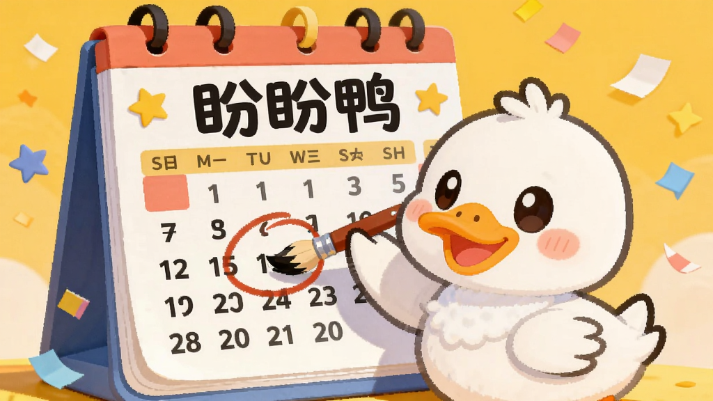 画面主体为一只可爱的卡通鸭子在巨大的日历前用画笔圈出日期,日历页面上有醒目的“盼盼鸭”字样,背景是明亮的暖黄色调,布局居中,扁平化插画风格,细节包括飘落的纸屑和星星元素,画质高清干净,无多余元素