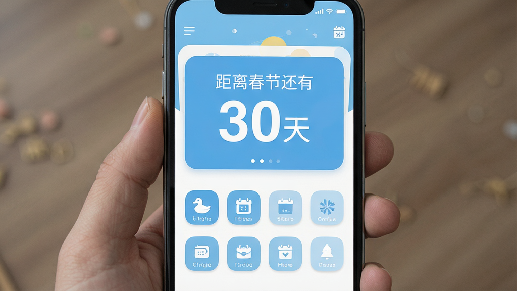 盼盼鸭软件截图风格的手机界面展示,屏幕中央显示一个大型倒计时卡片“距离春节还有30天”,卡片下方有多个小图标按钮,界面采用浅蓝与白色配色,扁平化设计,布局简洁,画质清晰,无多余元素