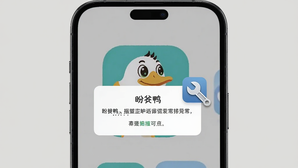 一部智能手机屏幕显示盼盼鸭应用异常提示框,旁边有一个扳手图标,背景为纯色,构图简洁,画质清晰,无多余元素
