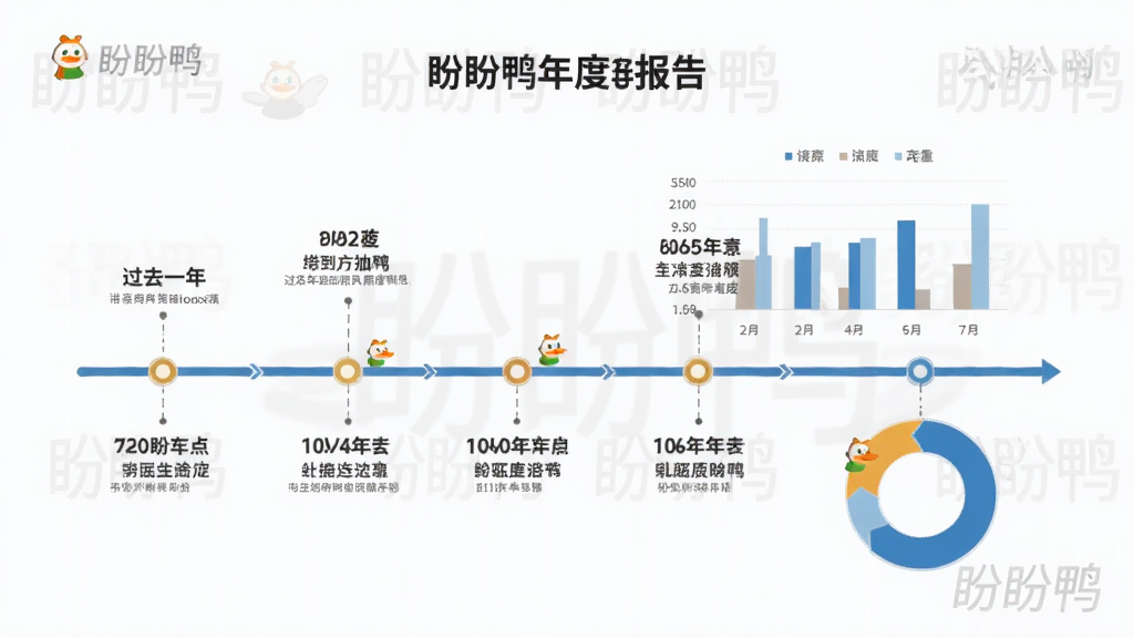 盼盼鸭的年度报告页面,以时间轴形式展示过去一年的重要事件节点,配有柱状图和环形图,整体风格简约商务,有“盼盼鸭”水印,画质清晰