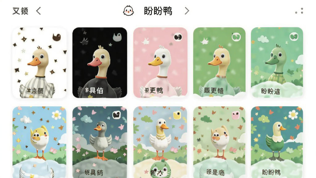 盼盼鸭应用的主题选择页面,展示多款不同颜色的主题卡片,包括白色、黑色、粉色、绿色,界面采用列表布局,有“盼盼鸭”文字在顶部,风格清新简约,画质干净