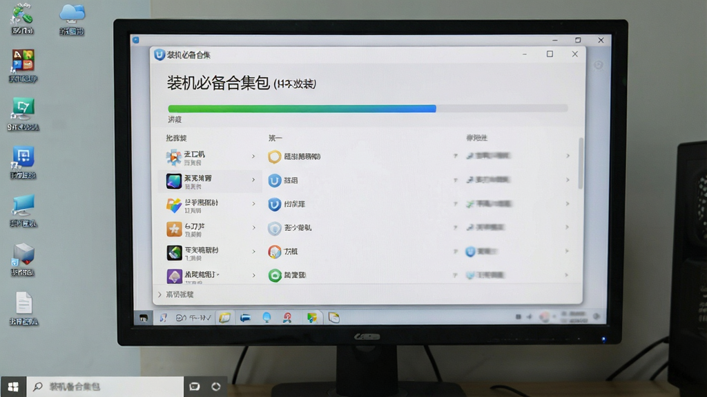 一张电脑屏幕显示“装机必备合集包”正在安装软件的截图,界面展示安装进度条与软件名称列表,背景为浅灰色桌面,风格写实,突出批量安装的流畅过程,画质清晰,无多余元素