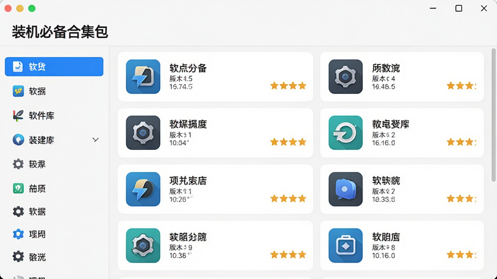 一张展示“装机必备合集包”软件库界面的宽屏截图,界面采用清爽的列表布局,左侧为软件分类导航栏,右侧展示各软件的图标、名称、版本和评分,整体风格简洁现代,色彩明快,突出软件库的丰富整齐,画质清晰,无多余元素