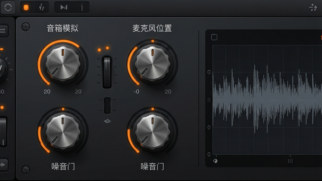 主体:电吉他模拟器应用界面上的音色调节面板特写,面板包含“音箱模拟”、“麦克风位置”、“噪音门”等旋钮。布局:面板居中,旋钮排列有序,旁边有波形动态显示。排版:界面简洁,层次分明。风格:专业音频软件风格,深灰底色配橙色指示灯。细节:旋钮上带有金属质感,波形图清晰可见。画质:超高清,干净,无多余元素。