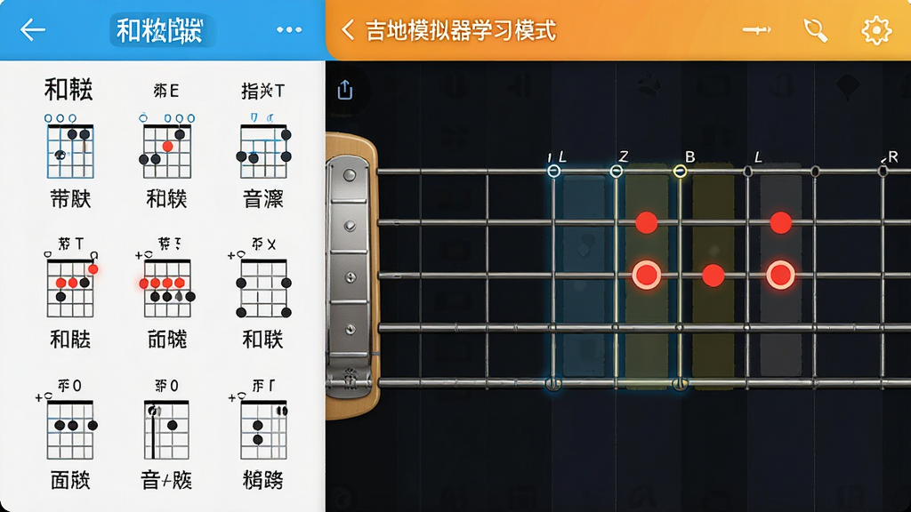 主体:电吉他模拟器应用的学习模式界面,显示常用和弦图与音阶指法。布局:左侧为和弦列表,右侧为指板图,高亮显示按弦位置。排版:图文结合,标注清晰。风格:教育风格,色彩明快。细节:和弦名称采用中文标注,指板上有红色圆点指示。画质:高清,干净,无多余元素。
