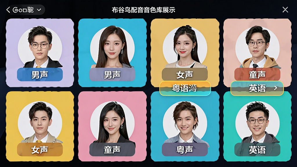 布谷鸟配音音色库展示图,界面中排列着多个主播头像与名称标签,包含男声、女声、童声分类,高亮显示粤语与英语选项,画面采用网格布局,色彩明快,现代UI设计,画质清晰干净