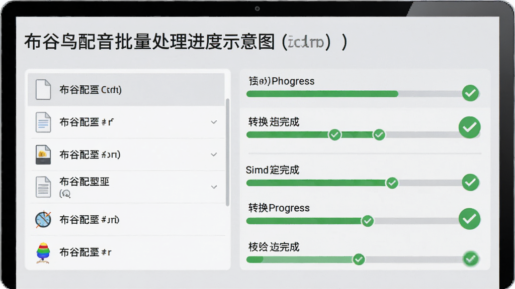 布谷鸟配音批量处理进度示意图,界面显示多个文件列表与转换进度条,绿色对勾表示完成,背景为淡灰色,强调功能高效,画面干净,现代商务风格,画质清晰