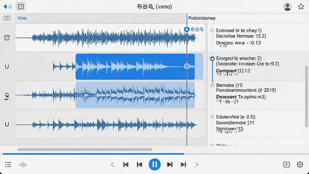 布谷鸟配音时间轴编辑界面,展示多段音频波形与文本对照,蓝色选中片段,底部为播放控制栏,界面简洁直观,浅灰底色搭配蓝白配色,布局专业,画质高清干净