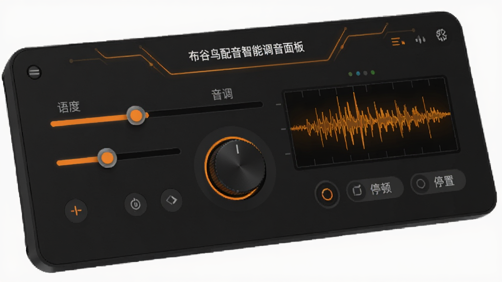 布谷鸟配音智能调音面板图,显示语速滑块、音调旋钮和停顿设置选项,波形图动态展示,界面深色主题配以橙色高亮,科技感十足,细节清晰,画质干净无冗余