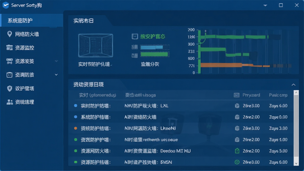 一张服务器安全狗软件主界面的高清截图,界面以深蓝色为主色调,左侧显示功能菜单,包括系统防护、网络防火墙、资源监控等模块,右侧展示实时防护状态与安全日志,整体风格专业简洁,画质清晰,干净无多余元素