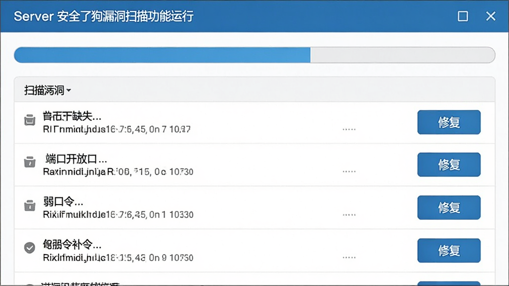 一张服务器安全狗漏洞扫描功能运行时的截图,界面显示扫描进度条与发现的漏洞列表,包括补丁缺失、端口开放、弱口令等条目,每个条目右侧有修复按钮,整体界面清晰直观,画质锐利,干净无多余元素