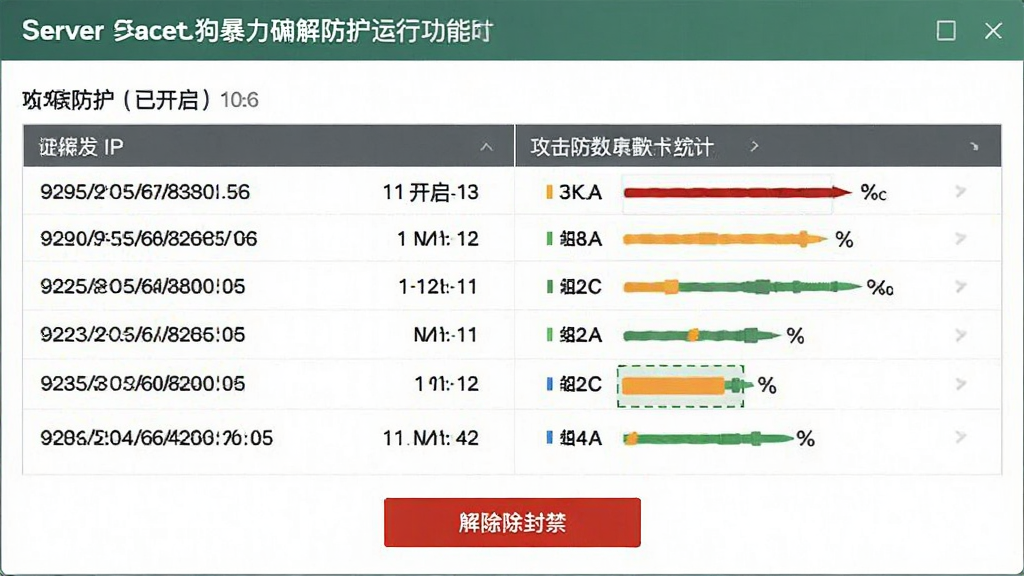 一张服务器安全狗暴力破解防护功能运行时的截图,界面显示被拦截的IP地址列表与攻击次数统计,有解除封禁按钮,同时显示当前防护状态为已开启,整体风格简洁明了,画质清晰,干净无多余元素