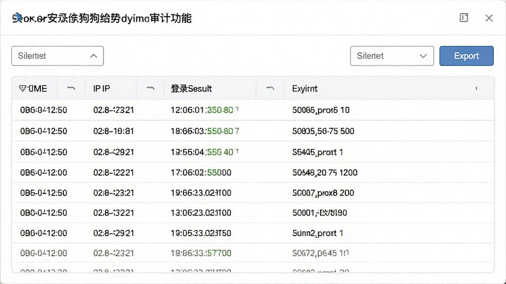 一张服务器安全狗日志审计功能的截图,界面显示登录日志列表,包含时间、IP、登录结果等列,有筛选与导出按钮,背景为白色,排版清晰,画质干净,无多余元素