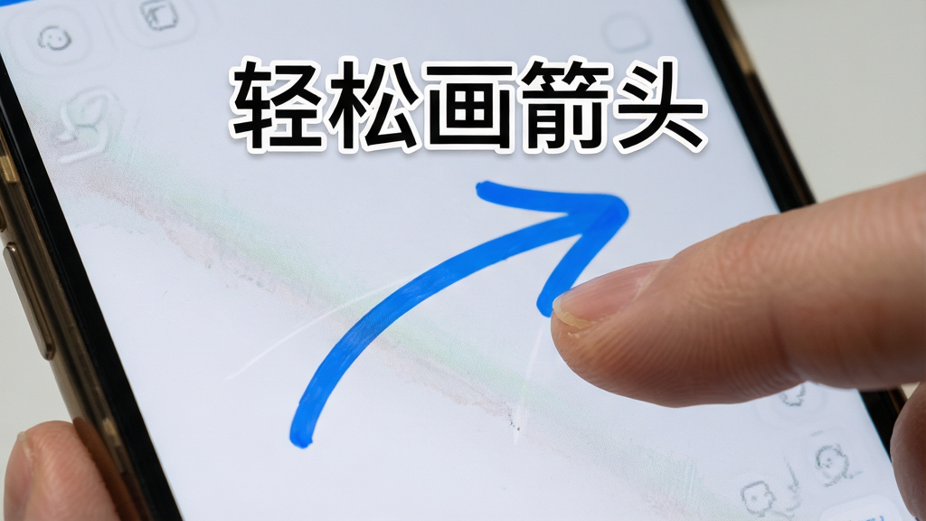轻松画箭头手绘箭头过程特写,手指在手机屏幕上滑动,屏幕显示正在绘制一个平滑的蓝色箭头,箭头边缘光滑无锯齿,背景为浅灰色画布,上方有“轻松画箭头”悬浮字样,画面细节丰富,画质干净,无多余元素