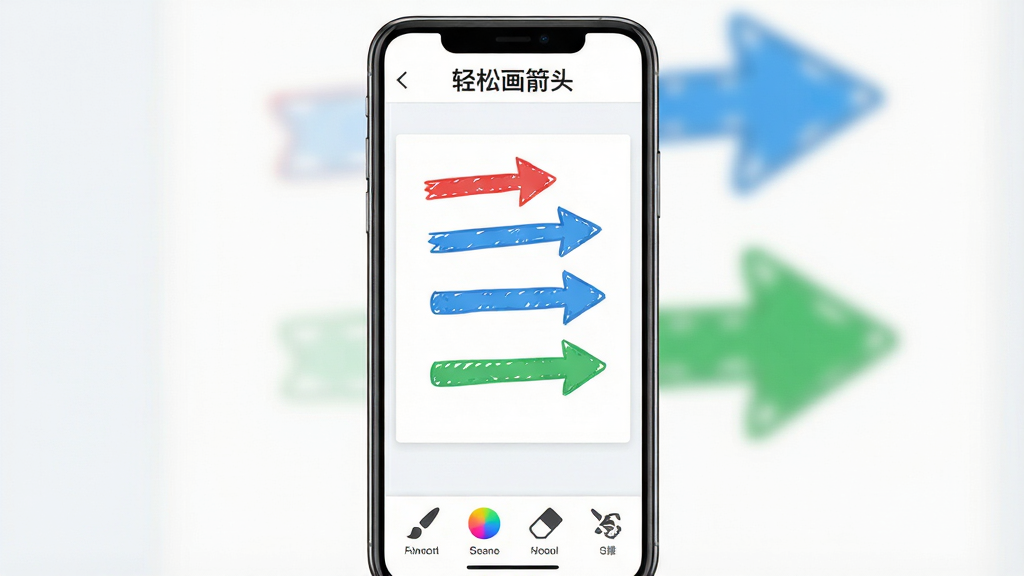 轻松画箭头主界面预览图,手机竖屏显示,界面简洁明亮,顶部有“轻松画箭头”字样,中间为纯白画布,画布上绘制着红色、蓝色、绿色三种不同风格的箭头,下方工具栏展示画笔、颜色、橡皮擦等图标,整体风格清新现代,UI设计干净整洁,画质高清,无多余文字,无多余元素