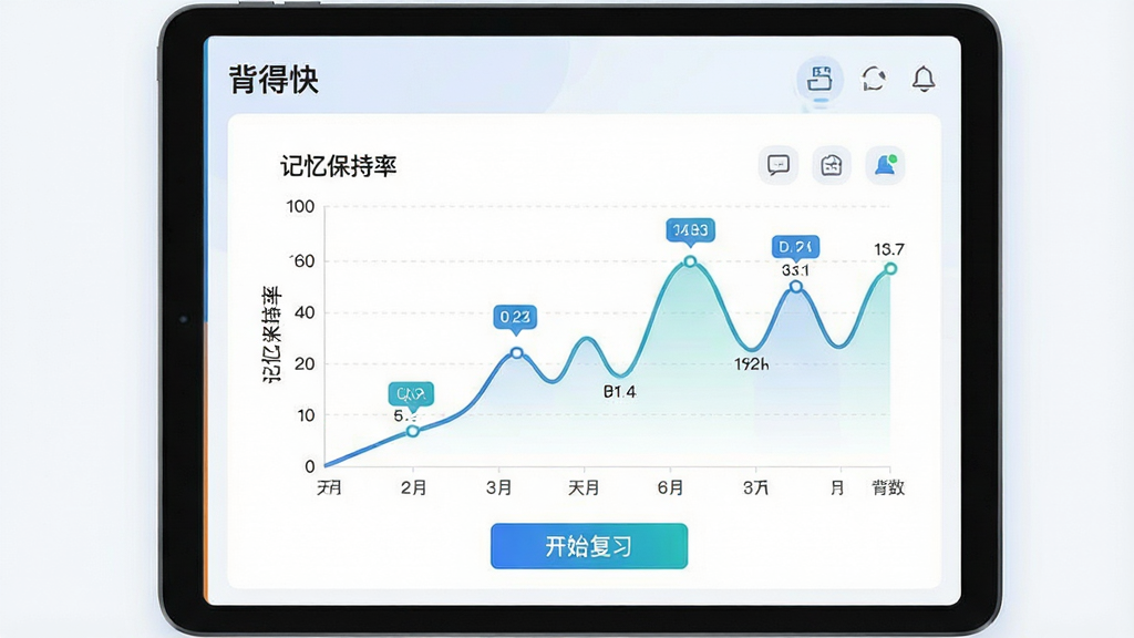 一幅展示背得快软件智能记忆曲线功能的界面截图风格插画,主体为图表与日历结合的画面,背景是一台平板电脑,屏幕中显示“背得快”的记忆曲线统计图,横轴为天数,纵轴为记忆保持率,曲线随日期波动,图表下方有“开始复习”按钮。布局清晰,排版专业,风格科技感,细节包括数据标注与图标,画质高清,干净无多余元素。
