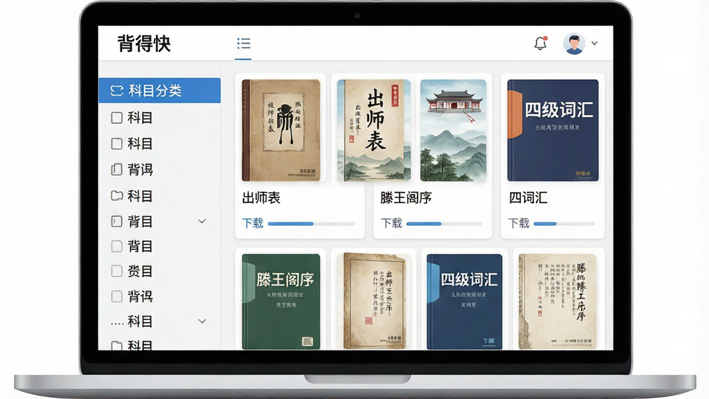 一幅展示背得快软件学习资源库的界面插画,主体为打开的笔记本电脑,屏幕中显示“背得快”的资源库页面,左侧为科目分类列表,右侧为资源卡片网格,包含“出师表”、“滕王阁序”、“四级词汇”等封面。布局层次分明,排版丰富,风格写实,细节包括书籍封面缩略图与下载进度条,画质干净,无多余元素。