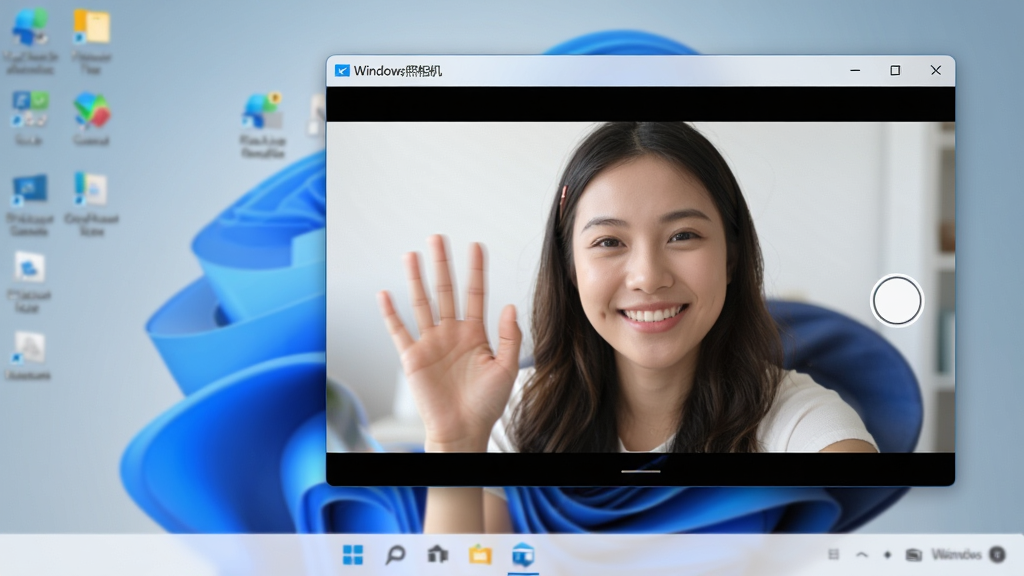 主体为Windows 11桌面界面,屏幕中央打开“Windows照相机”应用窗口,窗口内显示清晰的摄像头预览画面,画面中有一位微笑的年轻女性正在对着镜头挥手。布局为桌面与窗口的平视视角,应用窗口占据画面中心偏右,左侧露出部分任务栏和桌面壁纸。排版简洁,窗口标题栏清晰显示“Windows照相机”字样。风格为现代科技感,色彩明亮自然,光线柔和。细节包括窗口边缘的圆角设计、摄像头预览画面的流畅质感、桌面图标微微虚化以突出主体。画质为超高清4K,干净无多余元素。