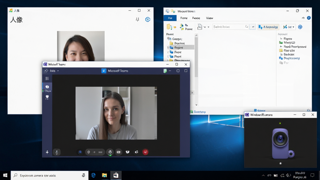 主体为Windows系统桌面,多个应用窗口平铺,包括“人像”应用、Microsoft Teams会议窗口以及资源管理器,其中“Windows照相机”应用小窗悬浮在右下角,正在被其他应用调用。布局为多窗口拼接,展示系统级整合场景。排版上,各窗口大小比例协调,摄像头画面在Teams窗口中清晰可见。风格为商务办公氛围,深色背景搭配彩色窗口。细节包括任务栏上的应用图标、窗口间的阴影过渡、摄像头指示灯亮起。画质为高清渲染,干净无多余元素。