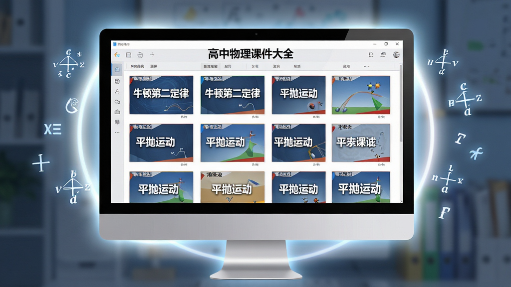 图片主体为电脑屏幕上的“高中物理课件大全”课件列表界面,屏幕内可见排列整齐的PPT缩略图封面,封面印有“牛顿第二定律”、“平抛运动”等字样。布局采用电脑屏幕居中展示,屏幕周围有柔和的光晕和漂浮的物理符号。排版清晰,以列表形式呈现。风格为写实界面截图与科技光效结合,细节上要突出课件封面的设计感与软件资源的丰富性。画质高清,视觉干净舒适。