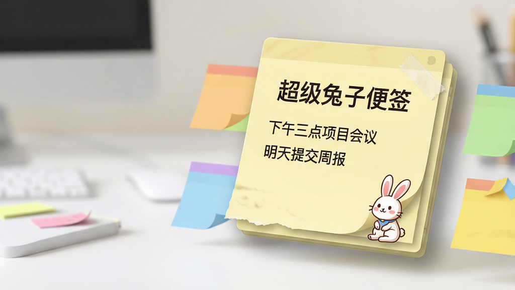 主体:超级兔子便签软件界面悬浮于干净整洁的电脑桌面上,界面设计简洁明快,主色调为淡黄色便签纸质感。布局:画面中央偏右放置一个展开的便签窗口,窗口边缘有细微阴影,旁边散落着几个颜色各异、大小不同的小便签,营造出层次感。排版:主便签上清晰显示“超级兔子便签”六个大字,下方有几行模拟的中文待办事项文字,如“下午三点项目会议”、“明天提交周报”等。风格:扁平化结合轻微拟物化风格,整体光线柔和,背景虚化,突出便签主体。细节:便签纸上有细微的撕边或胶痕质感,一个小兔子卡通元素俏皮地蹲在主便签的角落,增加产品辨识度。画质:4K高清渲染,画面干净,无多余元素,色彩过渡自然。