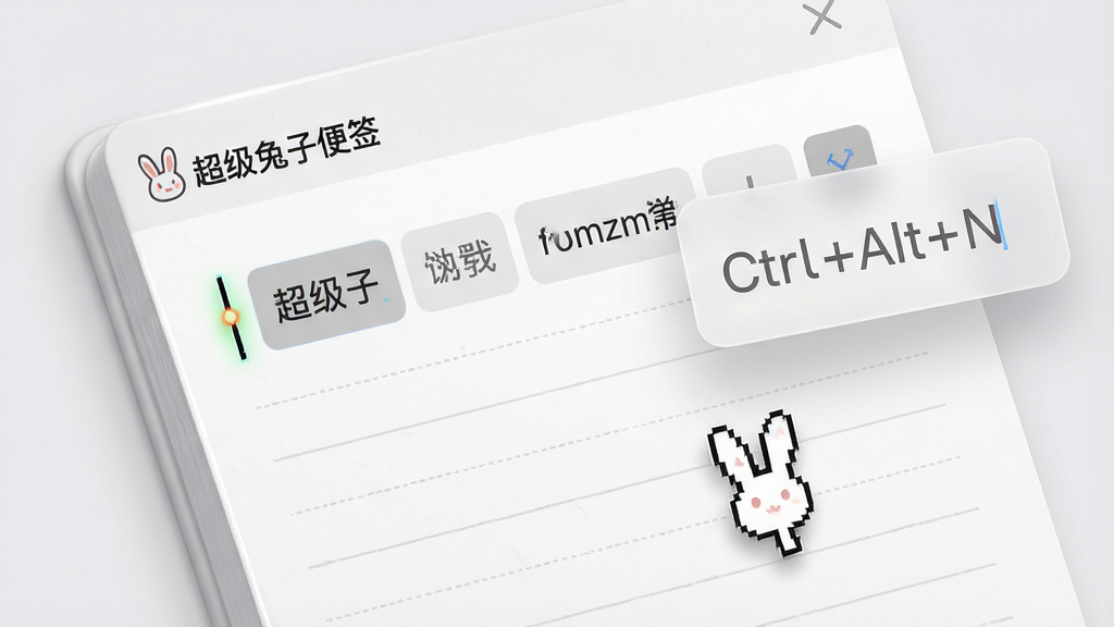 主体:一张超级兔子便签的极简界面特写,模拟用户正在快速输入文字。布局:便签纸占据画面中心,光标在首行闪烁,旁边悬浮着一个半透明的快捷键设置小窗,显示“Ctrl+Alt+N”字样。排版:便签左上角有“超级兔子便签”的小型Logo,正文区域有部分汉字输入法候选框。风格:干净清新的UI设计风格,高亮显示输入状态。细节:便签边缘有细腻的阴影和高光,模拟真实纸张质感,输入框内有淡淡的横线纹理,一个兔子头形状的鼠标指针正点击在便签上。画质:高清,画质细腻,无多余元素,聚焦于快速记录这一核心动作。