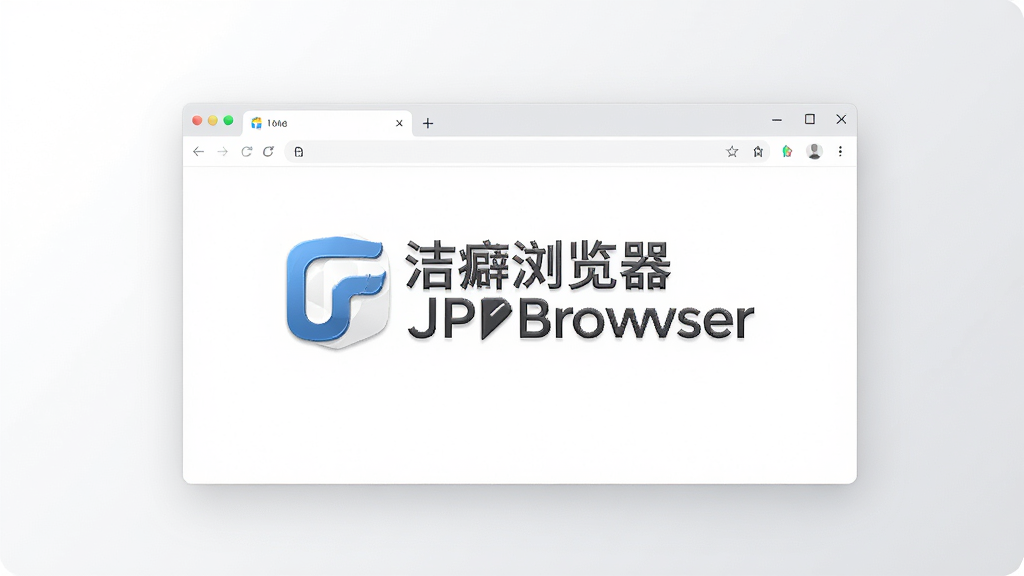 现代简约风格的产品主视觉图,画面中央是“洁癖浏览器 JPBrowser”的LOGO与浏览器界面全貌,背景为纯白与浅灰渐变,界面布局清爽,标签栏与工具栏极简化,无任何多余图标,整体给人一种干净利落、高效专业的感觉,画质高清,光线柔和,细节丰富,突出浏览器的纯净特性。
