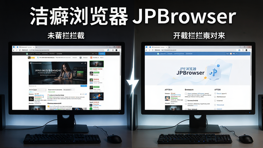 电脑屏幕前展示洁癖浏览器JPBrowser的广告拦截效果对比图,左侧为未拦截的杂乱网页,右侧为开启拦截后的干净页面,画面上方有“洁癖浏览器 JPBrowser”字样,整体布局清晰,风格简洁,对比强烈,突出拦截功能的强大与清爽效果,画质细腻。
