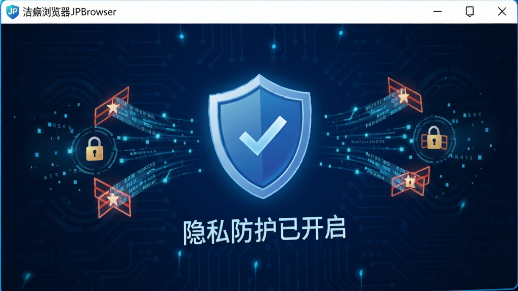 洁癖浏览器JPBrowser隐私防护模式界面特写,背景为深蓝色科技感氛围,中央显示盾牌图标与“隐私防护已开启”字样,四周有数据流被拦截的动画效果,整体风格安全、专业,画质清晰,突显隐私保护的核心卖点。