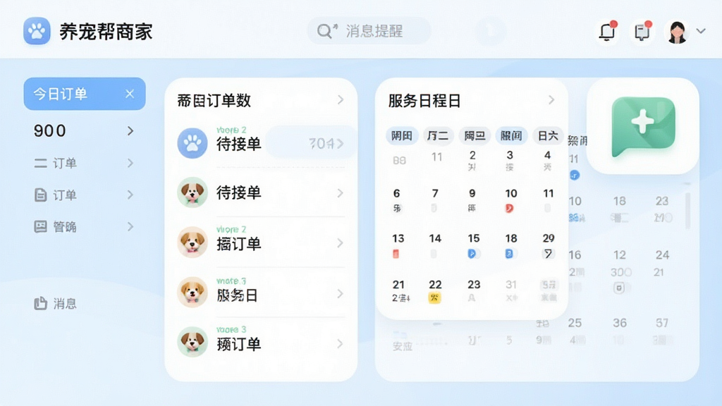 一张展示养宠帮商家端软件界面全貌的截图,界面包含今日订单数、待接单列表、服务日程日历、消息提醒图标,背景为浅蓝色商务风格,界面布局清晰,图标圆润,文字大小适中,整体风格简洁现代,画质高清干净无多余元素