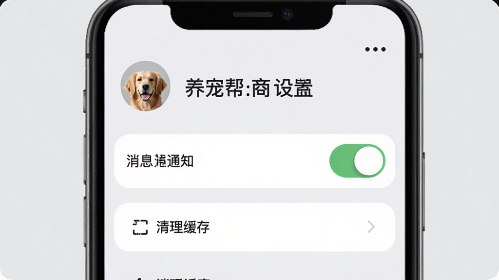 手机屏幕上养宠帮商家端设置界面预览图,显示账号头像、消息通知开关、清理缓存选项,背景为浅灰色,界面干净,文字清晰,风格简洁,画质高清