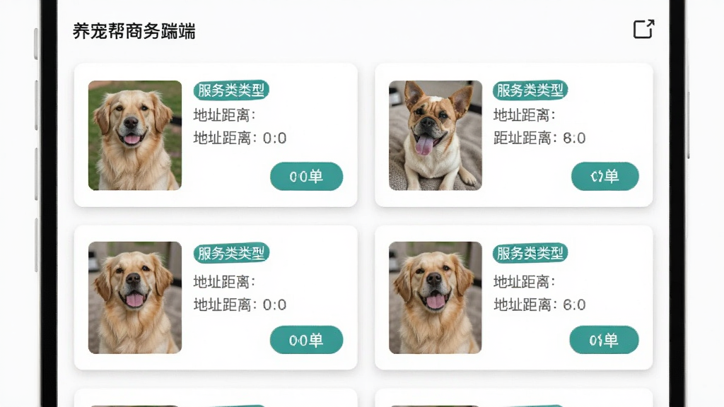 养宠帮商家端订单列表预览图,屏幕上有多张宠物服务订单卡片,每张卡片包含宠物照片、服务类型标签、地址距离和抢单按钮,界面以白色为底,卡片有浅灰色阴影,排版整齐,风格清新,画质干净清晰