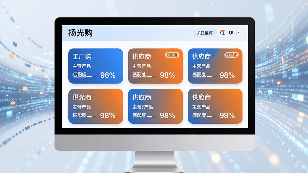 画面主体为电脑屏幕展示“扬光购”智能推荐页面,屏幕上有多个供应商卡片,每张卡片显示工厂名称、主营产品与匹配度百分比。背景为数据流动的抽象光效,象征大数据与算法。布局采用网格排列,卡片圆角设计,主色调为蓝色与橙色,突出智能感。文字标签“匹配度98%”清晰可见。画质干净,风格现代,无多余元素。