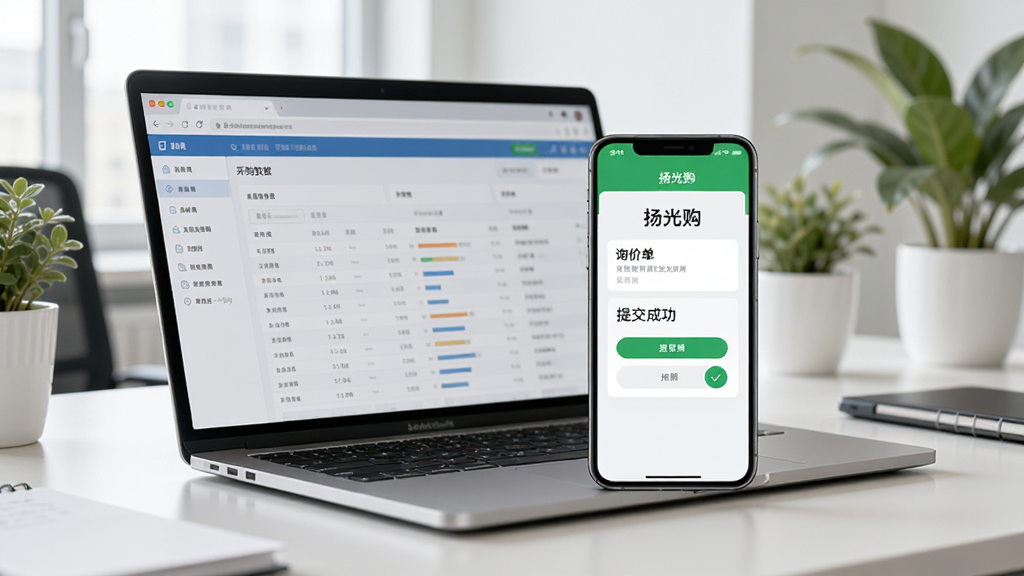 手机与笔记本电脑并排放在办公桌上,手机屏幕显示“扬光购”的询价单提交成功页面,电脑屏幕显示采购数据报表。背景为明亮的办公室环境,有绿植点缀。布局自然,光线柔和,强调多设备协同工作的便利性。画质干净,风格写实,无多余元素。