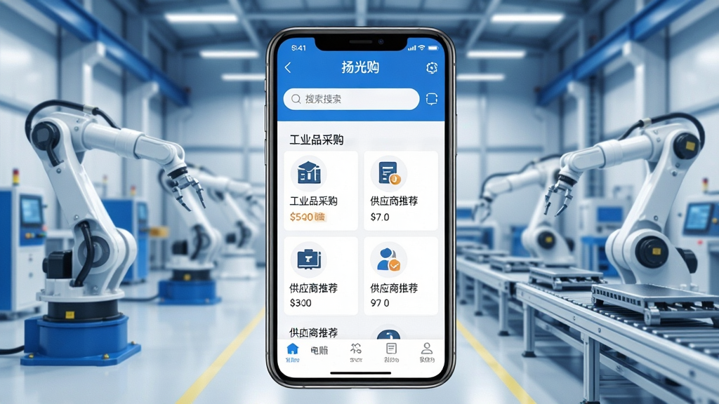 画面主体为智能手机屏幕展示“扬光购”应用主界面,界面清晰显示工业产品分类列表与搜索栏,背景为现代化工厂车间,带有机械臂与自动化生产线元素。布局采用中心构图,手机位于视觉焦点,UI界面细节丰富,文字标签如“工业品采购”“供应商推荐”清晰可读。整体风格偏商务科技感,色调以蓝白为主,画面干净明亮,画质高清,无多余杂物,突出软件的专业性与便捷性。