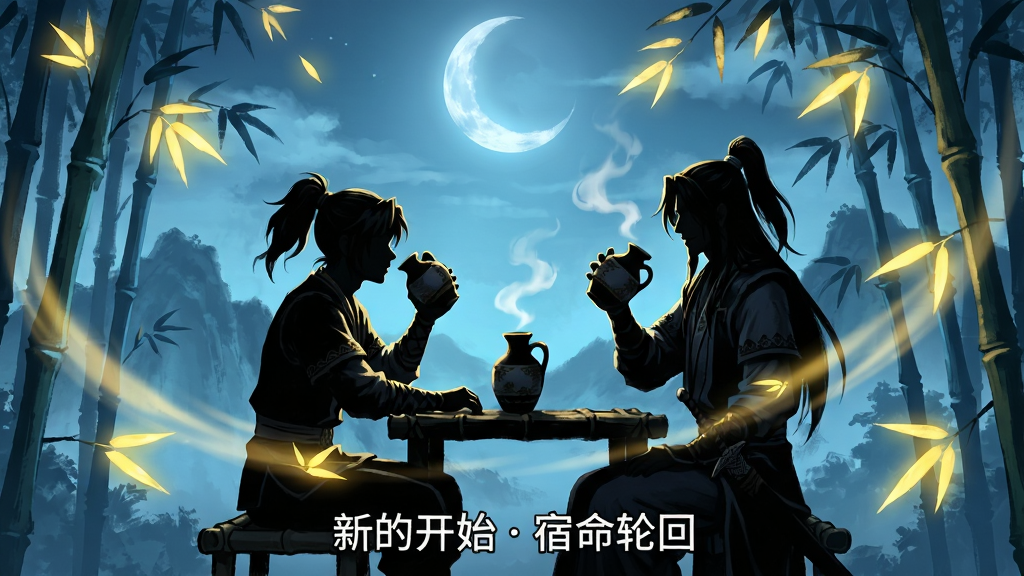 ���壺���ɽ����������µĿ�ʼ����Ϸ�������������ͼ��չʾ�ƽ��ɴ����������ĳ������¹���������˸�����֣���������Ϊ����ң��ƽ��ɶ�������Χ���Ʒ�����Ҷ���Ű棺���öԳƹ�ͼ�������Ӱ���¹��γɶԱȣ��ײ���ʾ��Ļ���µĿ�ʼ�����ֻء�����񣺺�Ϳ�����磬ɫ��ƫ������ů�ƶԱȡ�ϸ�ڣ���ҶƮ��켣�������ƺ��������ڣ�Զ��ɽ���������֡����ʣ��߶�̬��Χ��Ⱦ���ɾ��޶���Ԫ�ء�