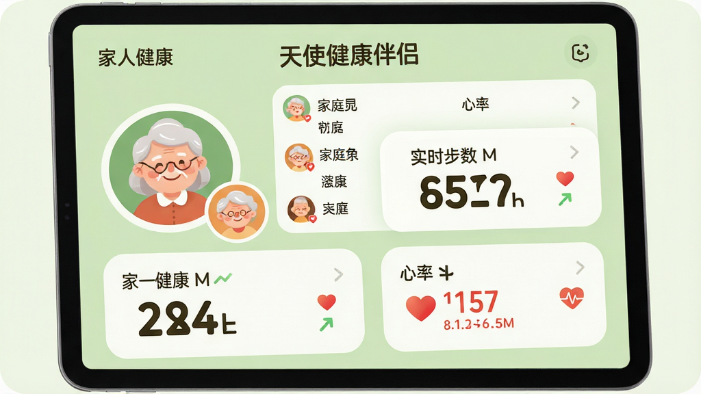 主体:一块平板电脑屏幕展示“天使健康伴侣”的家庭成员健康看板,左侧是父母头像,右侧显示其实时步数与心率。布局:看板采用左右分栏设计,家庭列表在上方,详细数据在下方,整体以浅绿色为背景。排版:头像采用圆形裁剪,数据用大号数字显示,旁边有小型趋势箭头。风格:温暖家庭风格的插画,色彩柔和,界面圆润。细节:屏幕上有“家人健康”标签,心率数值旁有心形图标,画面中父母形象面带微笑。画质:干净,无多余元素,高分辨率。
