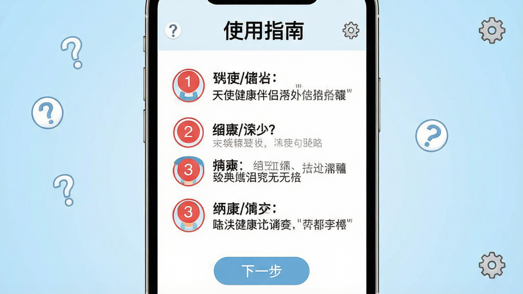 主体:一部手机屏幕特写,显示“天使健康伴侣”的“使用指南”页面,上面有清晰的步骤文字说明和图标。布局:手机居中,背景为浅蓝色渐变,屏幕内容占主要篇幅。排版:文字采用黑色宋体,重要步骤用红色圆圈标出,步骤序号为1、2、3。风格:简洁干净的扁平化设计,注重信息传达。细节:屏幕顶部有“使用指南”标题,底部有“下一步”按钮,周围有小的问号和设置齿轮图标。画质:高清晰度,整洁,无多余元素。