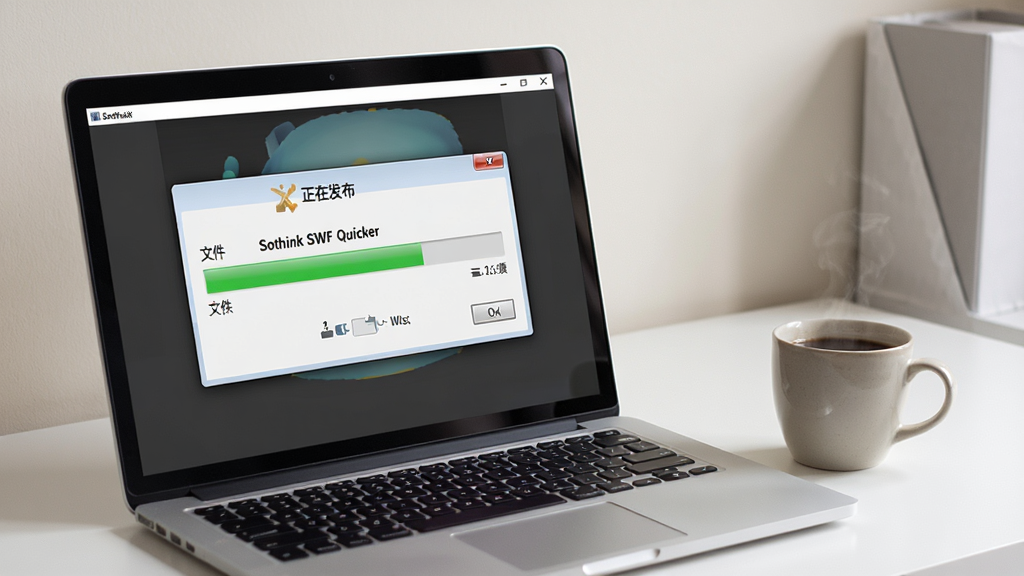 主体:一台笔记本电脑旁放着一杯咖啡,屏幕上显示 Sothink SWF Quicker 正在导出动画的进度条。布局:电脑屏幕略微倾斜,清晰可见“正在发布”对话框,背景为整洁的工作桌面。排版:突出导出进度条与文件信息。风格:写实生活化场景,色调柔和。细节:整体画面干净无杂物,画质:高清、干净。