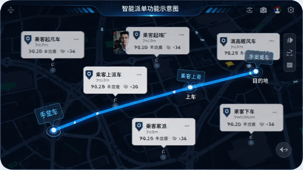 滴高顺风车车主智能派单功能示意图,画面展示地图界面,带有蓝色路线从车主当前位置延伸至乘客上车点,再延伸至目的地,地图上标注多个订单卡片,卡片显示乘客起终点信息,界面清晰,风格简洁科技感,画质高清。