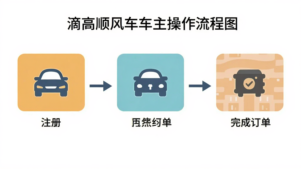 滴高顺风车车主操作流程图,画面以流程图形式展示从注册到完成订单的步骤,每个步骤配有简洁图标,背景为白色,整体风格扁平化,信息清晰易读,画质干净。
