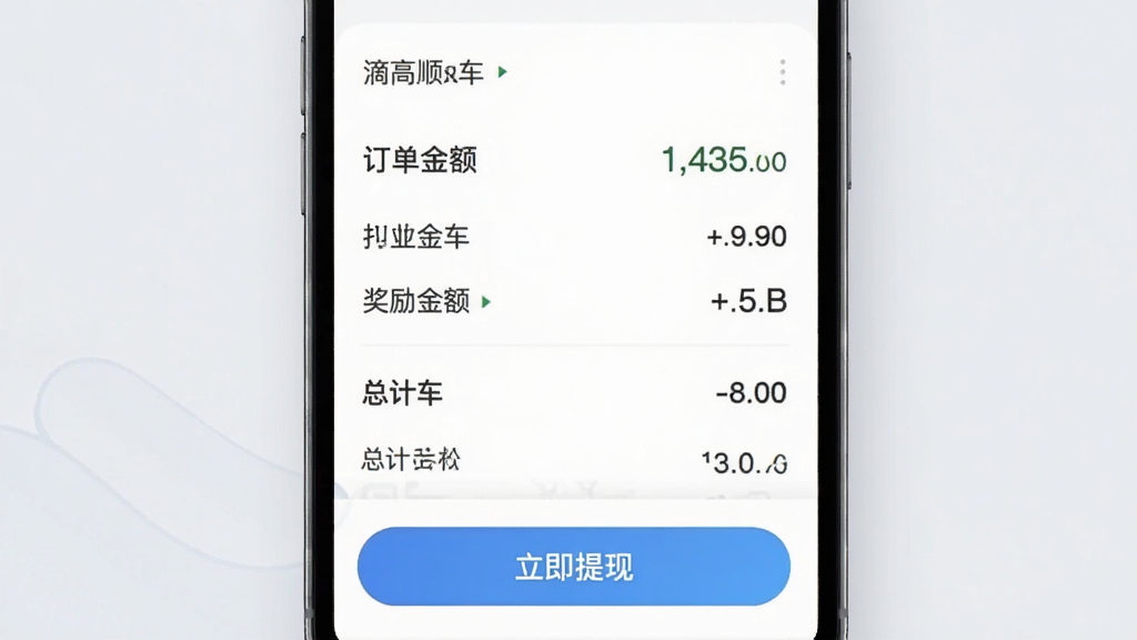 滴高顺风车车主收益账单展示图,手机屏幕显示昨日收入明细列表,包含订单金额、奖励金额、总计等数据,屏幕下方有“立即提现”按钮,背景为浅灰色,风格简洁,数字清晰,画质高清。
