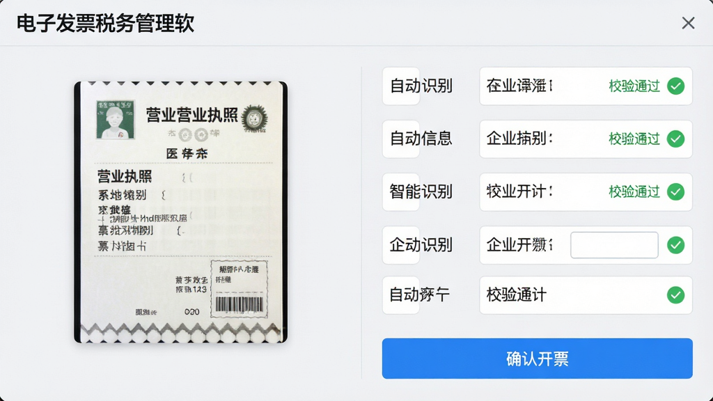 ���壺���ӷ�Ʊ˰��������������ܿ�Ʊ���棬���Ϊ�����Ӫҵִ��ͼƬ���Ҳ�Ϊ�Զ�ʶ�������ҵ��Ϣ�ֶΣ��ײ��С�ȷ�Ͽ�Ʊ����ť�����֣����ҷ�������Ϣչʾ�������Ű棺�ֶζ��룬���幤���������ˬ����磬ǳ��ɫ��������ɫ������ť��ϸ�ڣ�ʶ���ֶ�������ɫ�Թ���ʶ����ʾ��У��ͨ���������ʣ����壬�ɾ����޶���Ԫ�ء�