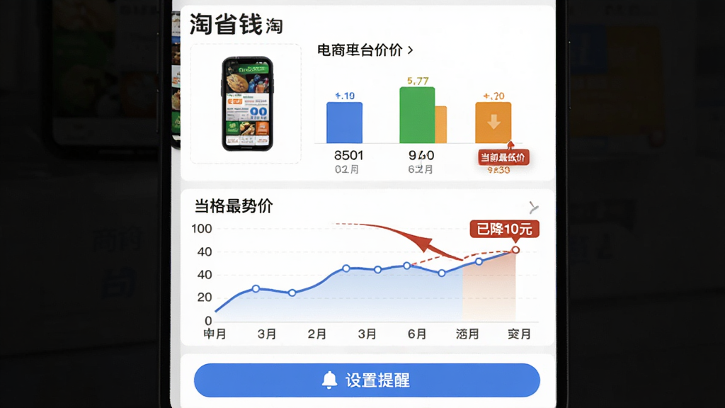 ���壺��ʡǮApp�ıȼ�ҳ�棬չʾͬһ��Ʒ�ڲ�ͬ����ƽ̨�ļ۸�Ա���״ͼ�����֣�ҳ�涥��Ϊ��Ʒͼ���в�Ϊ�۸���������ͼ���ײ�Ϊ���������ѡ���ť���Ű棺���ݿ��ӻ�ͼ�������׶���ɫ���������ԡ�����������ݷ�񣬱�����ɫ��ϸ�ڣ�ͼ���б�ע����ǰ��ͼۡ�������ʾ���ѽ�10Ԫ����ʾ�����ʸɾ���