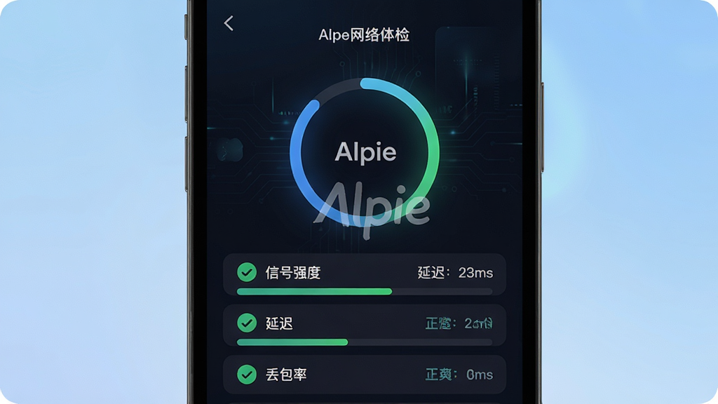 ���壺AlpieӦ��ִ�С�������족���ܣ���Ļ��ʾ�����Ȼ��ͽ���б�����ɫ�Թ���ʾ�������������֣��ֻ�������д������Ϊ�����ɫ���䡣�Ű棺���Ȼ����У��·��������С��ź�ǿ�ȡ����ӳ١��������ʡ�����Ŀ����񣺿Ƽ��У���ɫģʽ��ϸ�ڣ���Ļ�����С�Alpie��ˮӡ����������ʾ������ֵ���硰�ӳ٣�23ms�������ʣ������������޶���Ԫ�ء�