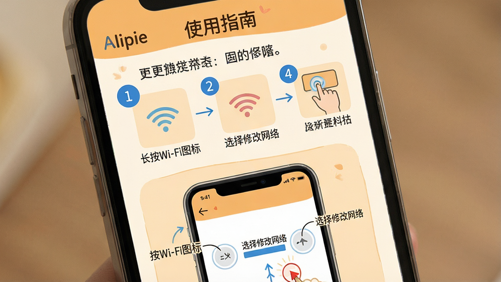 ���壺�ֻ���Ļ��ʾAlpie�ġ�ʹ��ָ�ϡ�ҳ�棬���в���ͼ��ͼ�ͷ��ǡ����֣�ͼ�Ļ��ţ��Ϸ��ǲ���˵�����·����ֻ�����ʾ��ͼ���Ű棺�������򣬲�����ʹ����ɫԲ�����֡���񣺽������ůɫ����ϸ�ڣ�ʾ��ͼ�б�ע������Wi-Fiͼ�ꡱ��ѡ���޸����硱�����֡����ʣ����壬�޶���Ԫ�ء�
