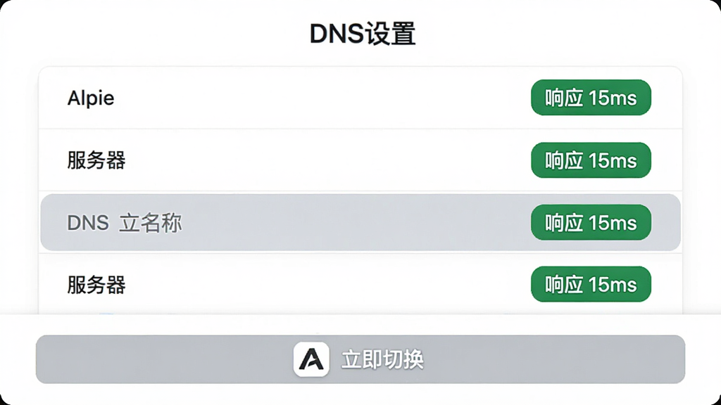 ���壺Alpie��DNS�л�����ҳ�棬�б���ʾ���DNS���������Ƽ���Ӧʱ�䣬����һ��������ѡ�С����֣�ҳ���б�ʽ�������С�DNS���á����⡣�Ű棺ÿ�����Ϊ���ƣ��Ҳ�Ϊ����Ӧ 15ms����ɫ��ǩ����񣺼������磬��ɫ������ϸ�ڣ���Ļ�ײ��С������л�����ť����ť�ϴ���Alpieͼ�ꡣ���ʣ���ϸ�����ͼ���޶���Ԫ�ء�