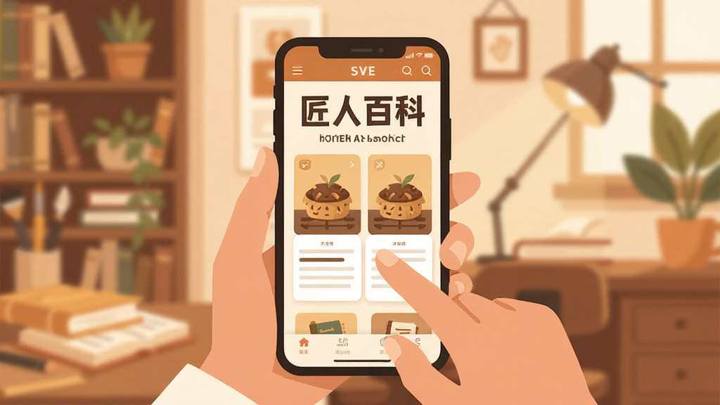 主体:匠人百科使用场景插画,一位用户正在手机上浏览匠人百科;布局:前景为手机特写,背景为书房环境;排版:居中构图,人物手部动作清晰;风格:扁平插画风,暖色调;细节:手机屏幕显示“匠人百科”首页;画质:干净无多余元素。